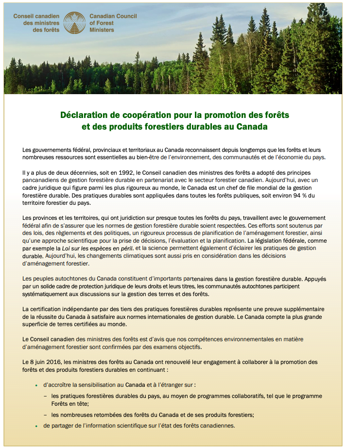 Déclaration de coopération pour la promotion des forêts et des produits forestiers durables au Canada